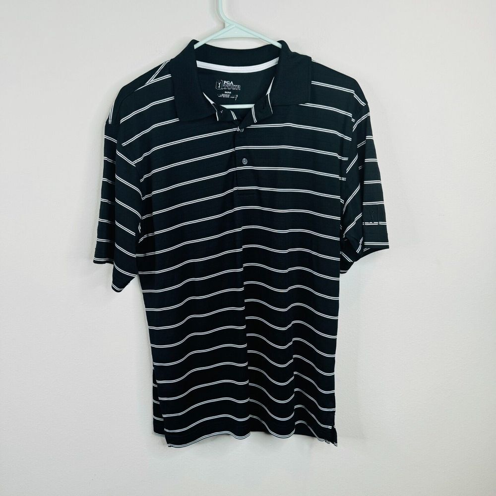 PGA Tour Mens Polo Size M Short Sleeve Black Striped Golf Casual Work